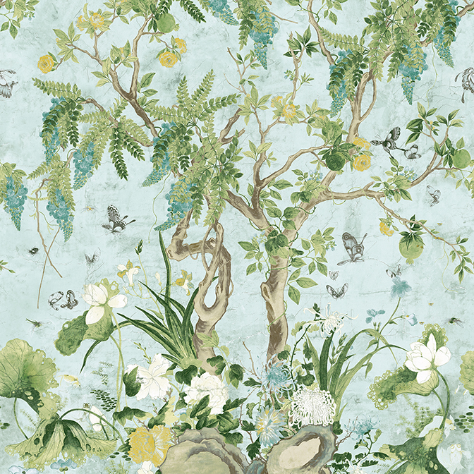 TM42054 WILD WISTERIA MURAL Mural Spa Blue from the Thibaut 